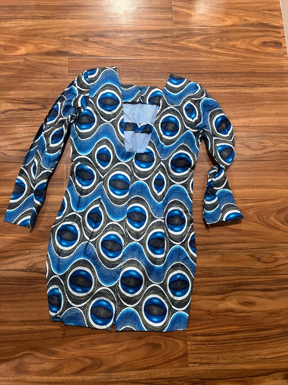 Custom African Ankara Blue Geometric Print Long Sleeve Dress - Picture 3 of 4
